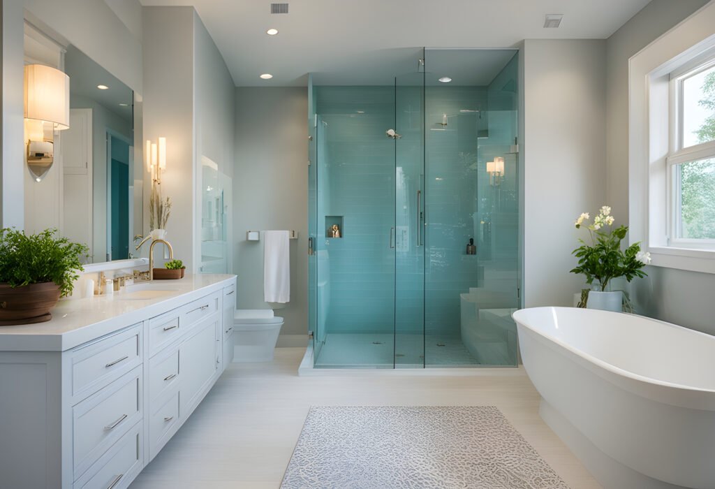 This image showcases a modern bathroom design in London featuring a large glass enclosed shower and white freestanding bathtub The light grey walls white cabinetry long countertop with double sinks and wall sconces create an elegant space Natural light streams through the window illuminating plants that add a touch of greenery