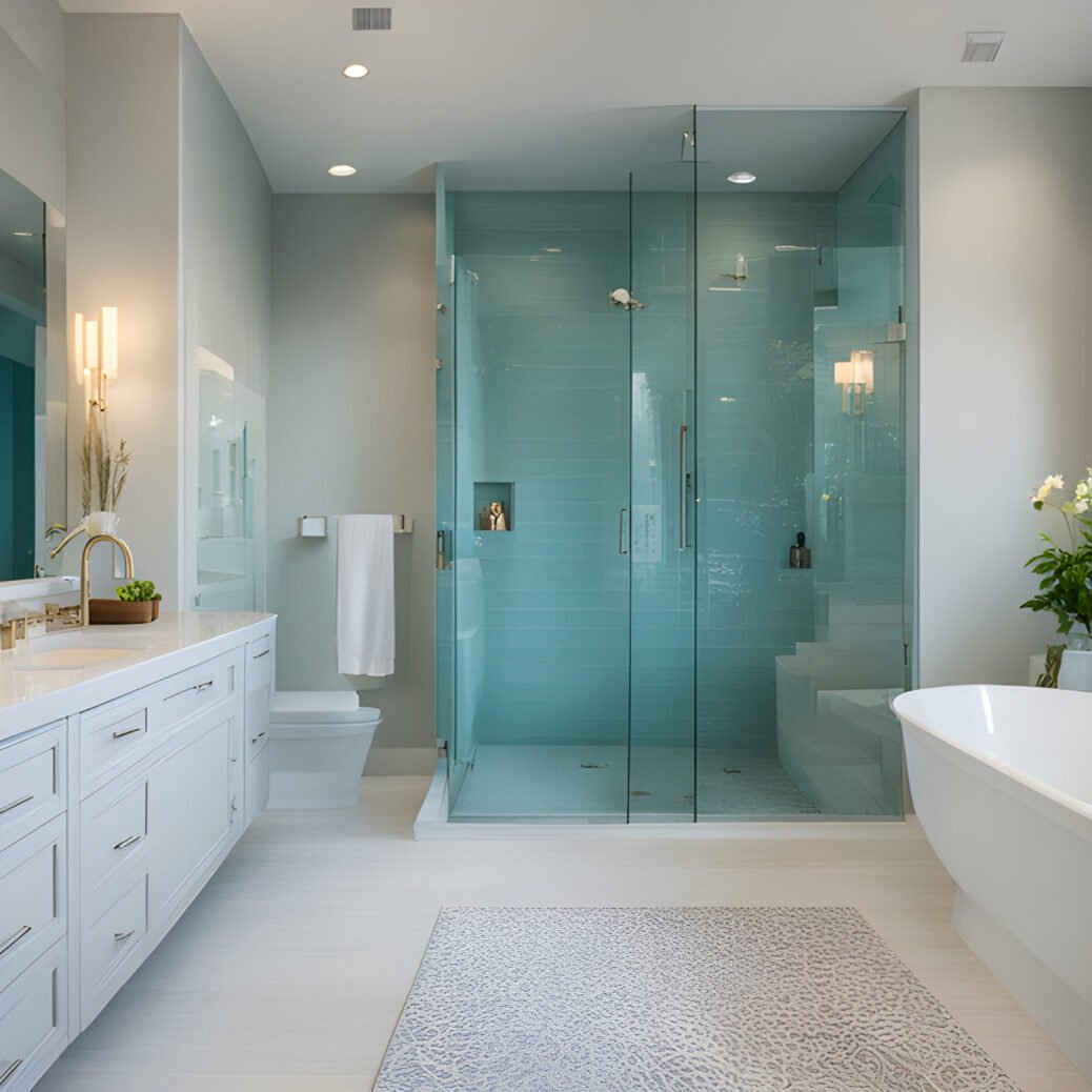 This image showcases a modern bathroom design in London, featuring a large glass-enclosed shower and white freestanding bathtub. The light grey walls, white cabinetry, long countertop with double sinks, and wall sconces create an elegant space. Natural light streams through the window, illuminating plants that add a touch of greenery.