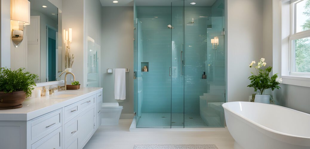 This image showcases a modern bathroom design in London, featuring a large glass-enclosed shower and white freestanding bathtub. The light grey walls, white cabinetry, long countertop with double sinks, and wall sconces create an elegant space. Natural light streams through the window, illuminating plants that add a touch of greenery.