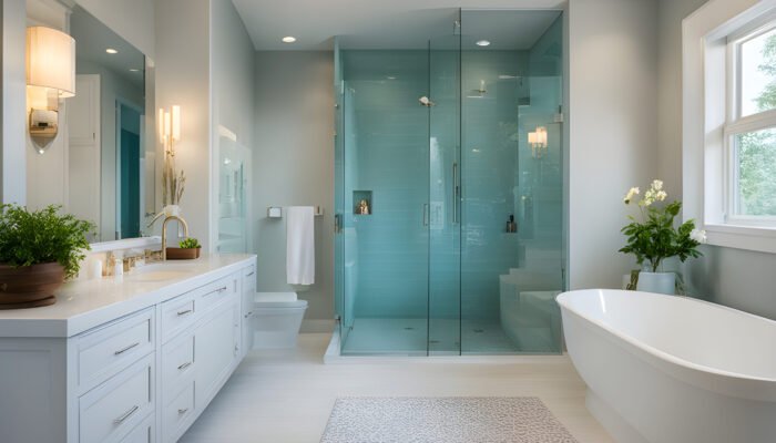 This image showcases a modern bathroom design in London, featuring a large glass-enclosed shower and white freestanding bathtub. The light grey walls, white cabinetry, long countertop with double sinks, and wall sconces create an elegant space. Natural light streams through the window, illuminating plants that add a touch of greenery.