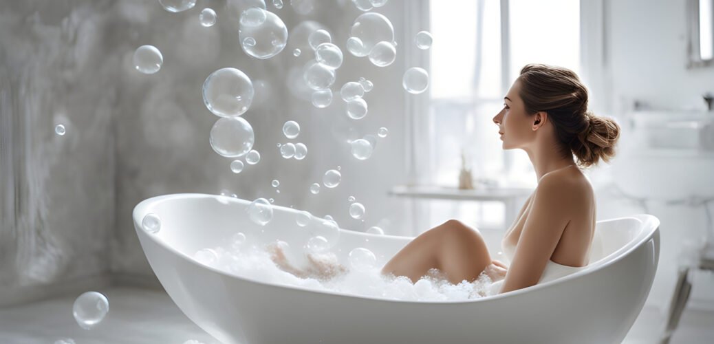 A woman with her hair in a bun relaxes in a bathtub filled with bubbles. The modern bathroom design is softly lit, and there are numerous bubbles floating in the air. She gazes towards a sunlit window in a serene and peaceful setting, reminiscent of an elegant London retreat.