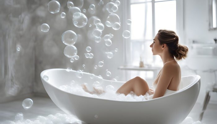 A woman with her hair in a bun relaxes in a bathtub filled with bubbles. The modern bathroom design is softly lit, and there are numerous bubbles floating in the air. She gazes towards a sunlit window in a serene and peaceful setting, reminiscent of an elegant London retreat.