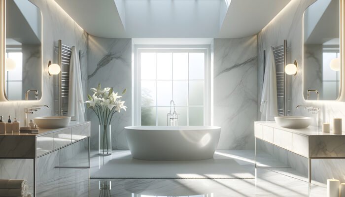 Beautiful serene designer bathroom from Tuspec Bathrooms